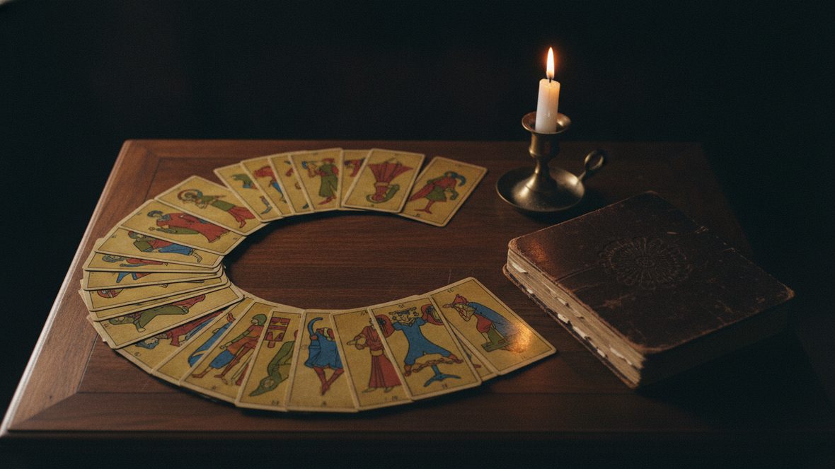 Jeu de tarot de Marseille déployé en arc près d'un carnet de cuir et d'un bougeoir