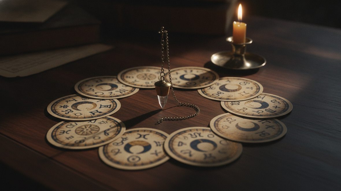 Jeu de cartes anciennes disposé en cercle, pendule de laiton au centre