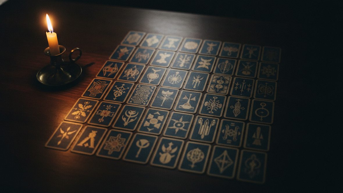 Nombreuses petites cartes divinatoires alignées en grille serrée