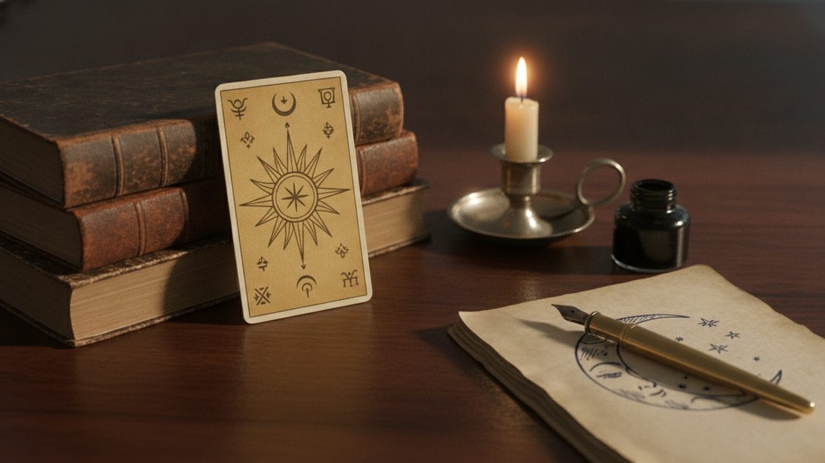 Carte de tarot dressée contre une pile de livres anciens, carnet ouvert