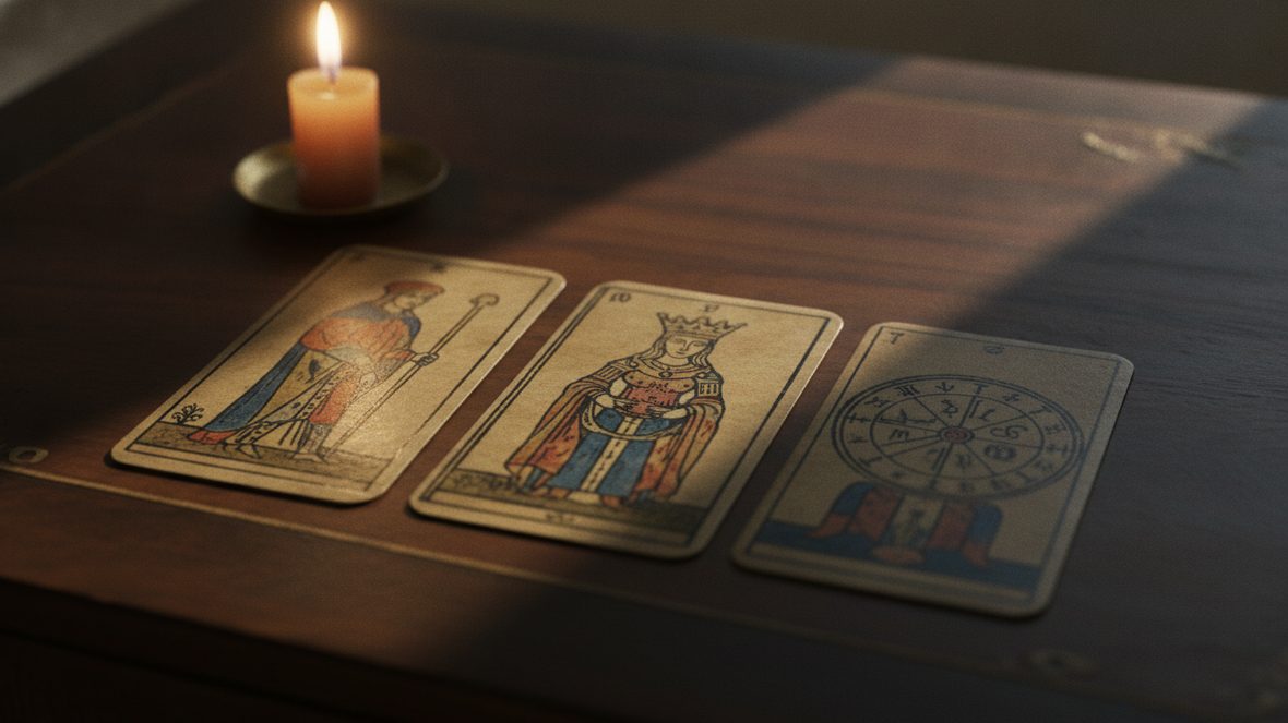 Trois cartes de tarot de Marseille aux couleurs passées, posées en ligne