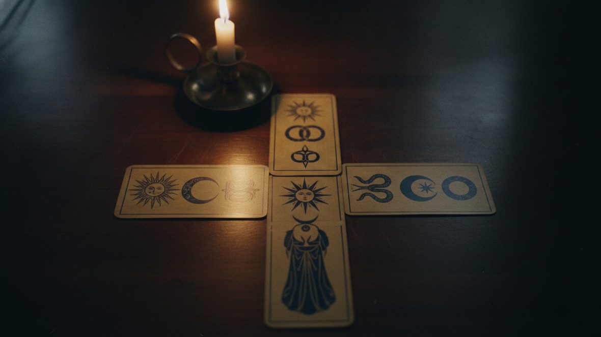 Cinq cartes disposées en croix sur un plateau de bois sombre